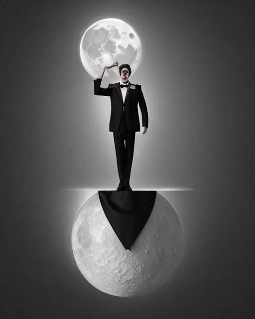 Prompt: a man in a tuxedo with a full moon on his head, an ambient occlusion render by Igor Morski, featured on cgsociety, pop surrealism, rendered in cinema4d, rendered in unreal engine, octane render