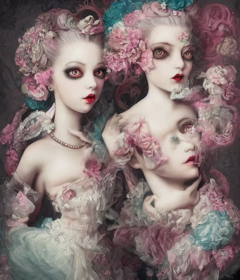 Prompt: pop surrealism, lowbrow art, realistic marie antoinette girl painting, japanese street fashion, hyper realism, muted colours, rococo, natalie shau, loreta lux, tom bagshaw, mark ryden, trevor brown style