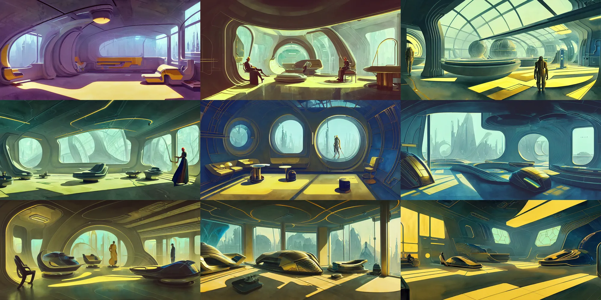 Prompt: a beautiful illustration of futuristic interior layout of rupture, bioshock, art deco, big medium small, golden ratio, in watercolor gouache detailed paintings, in style of syd mead, trending on artstation, 8 k, panel, hard surface, vent, zaha hadid, props, cozy, decoration, simon stalenhag, deus ex