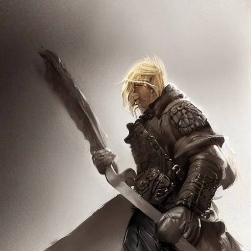 Image similar to portrait of a muscular, grim, ponytail haired blonde man in his late 30's, wearing a thick brown leather coat, looking to his side, scarred face, blue eyes, hunter, DnD character, fantasy character, dramatic lighting, digital art by Ruan Jia, Krenz Cushart, Rossdraws and Boris Vallejo