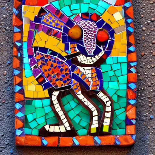 Image similar to mosaic sculpture of a alebrije chimera!!!, irregularly shaped mosaic tiles, hand glazed pottery shards, in the style of folk art, blank background