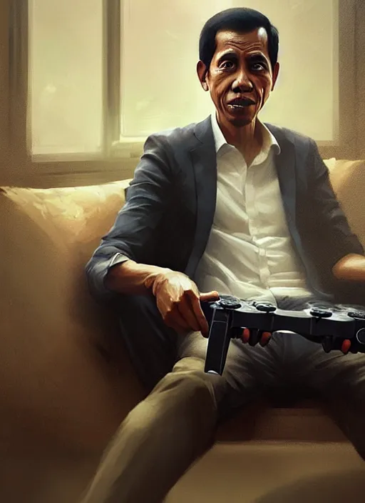 Image similar to portrait of jokowi playing playstation. highly detailed, digital painting, concept art, smooth, sharp focus, illustration, art by greg rutkowski