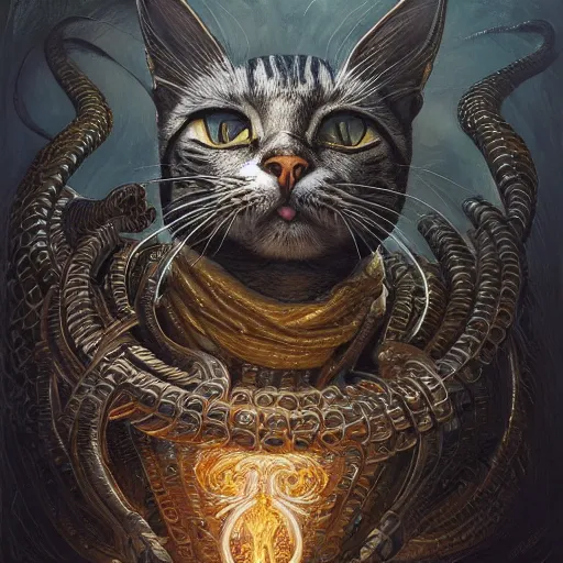 Prompt: low angle shot of a cat by clive barker, intricate, elegant, highly detailed, centered, digital painting, artstation, concept art, smooth, sharp focus, illustration, artgerm, Tomasz Alen Kopera, Peter Mohrbacher donato giancola, Joseph Christian Leyendecker, WLOP, Boris Vallejo.