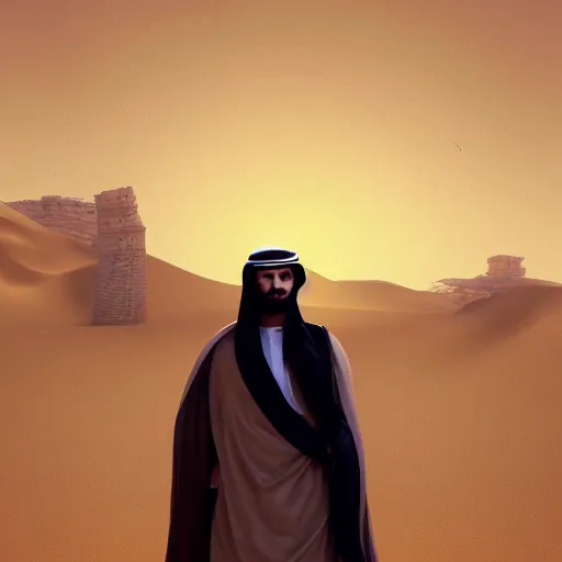 Image similar to saudi arab man standing in the dessert digital art in the style of greg rutkowski and craig mullins, 4 k