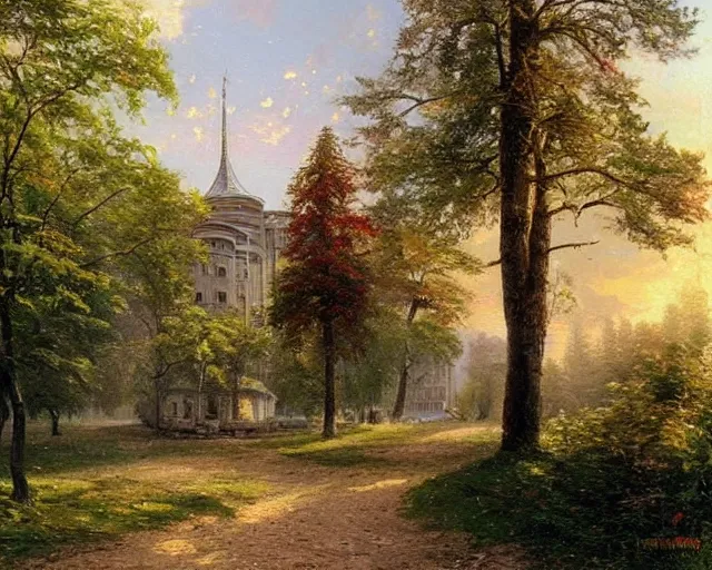 Prompt: beautiful matte painting of cute soviet block of flats hrushevka in end of forest by ivan shishkin and thomas kinkade,
