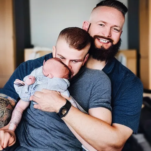 Image similar to a photo of a white man with a mid fade haircut and level 1 clipper beard that is happy with his 3 month year old baby boy and his wife who has dark hair.