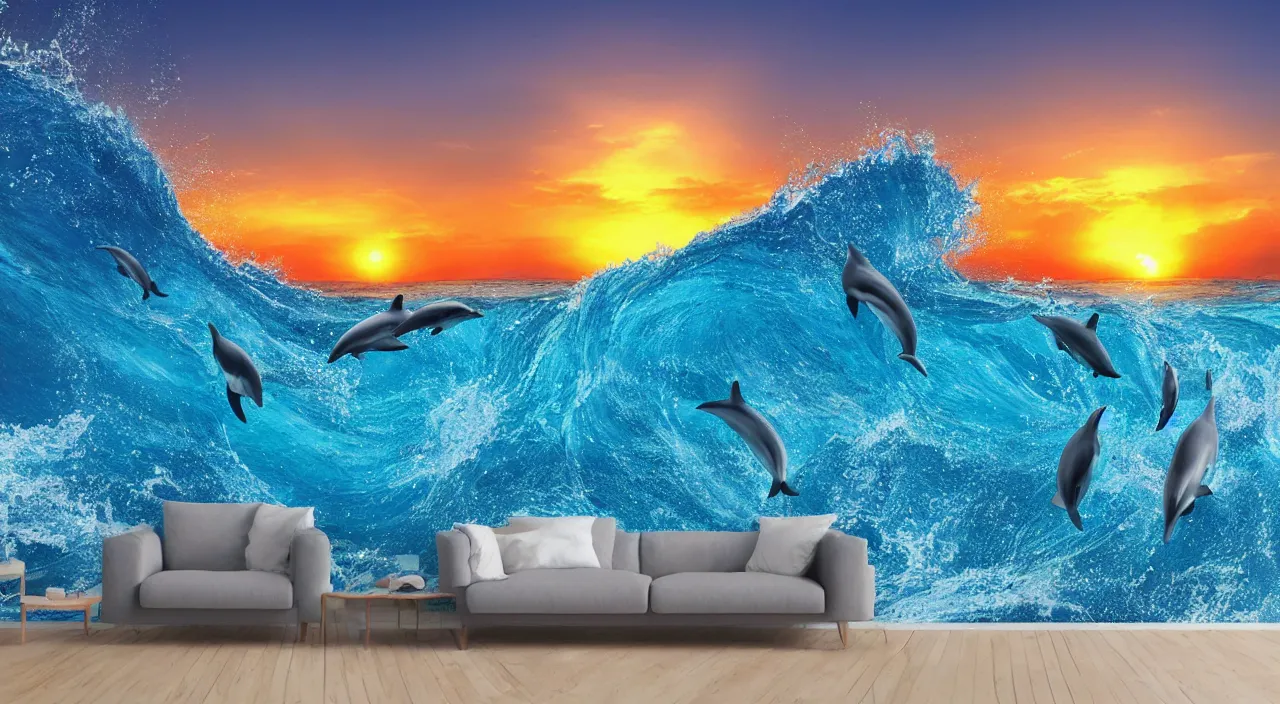 Drawing of dolphins swimming in colorful sea, Look up at the composition,  Live water and whales from the sky, inspired by Cyril Rolando, dreamy  psychedelic anime - SeaArt AI