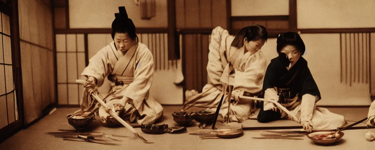 Image similar to 1 8 0 0 s japanese samurai slicing spaghetti!, in the style of diane arbus, canon 5 0 mm, wes anderson, kodachrome, retro