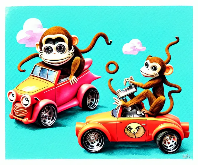 Image similar to cute and funny, monkey riding in a tiny hot rod with oversized engine, ratfink style by ed roth, centered award winning watercolor pen illustration, isometric illustration by chihiro iwasaki, edited by range murata, tiny details by artgerm, symmetrically isometrically centered