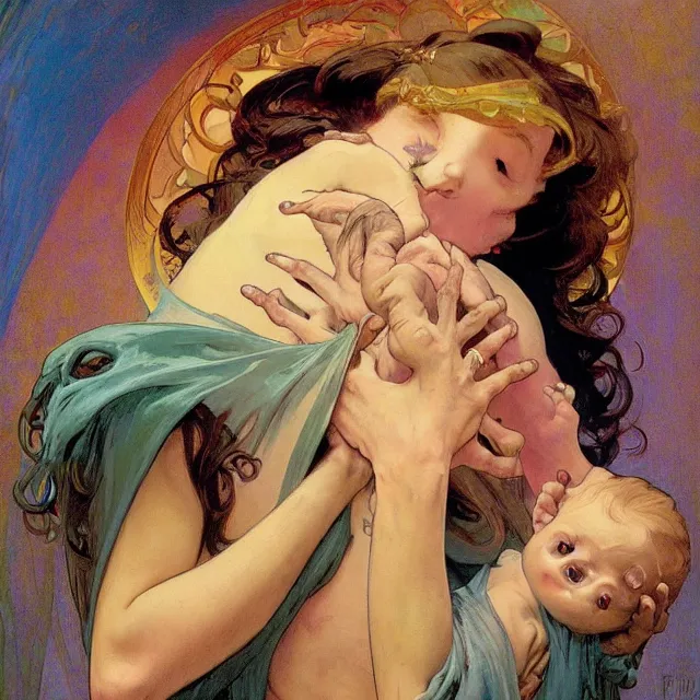 Prompt: an aesthetic portrait of a woman crying mournfully while cradling a swaddled child, by frank frazetta and alphonse mucha, oil on canvas, bright colors, art nouveau, epic composition, dungeons and dragons fantasy art, hd, god - rays, ray - tracing, crisp contour - lines, huhd - 8 k