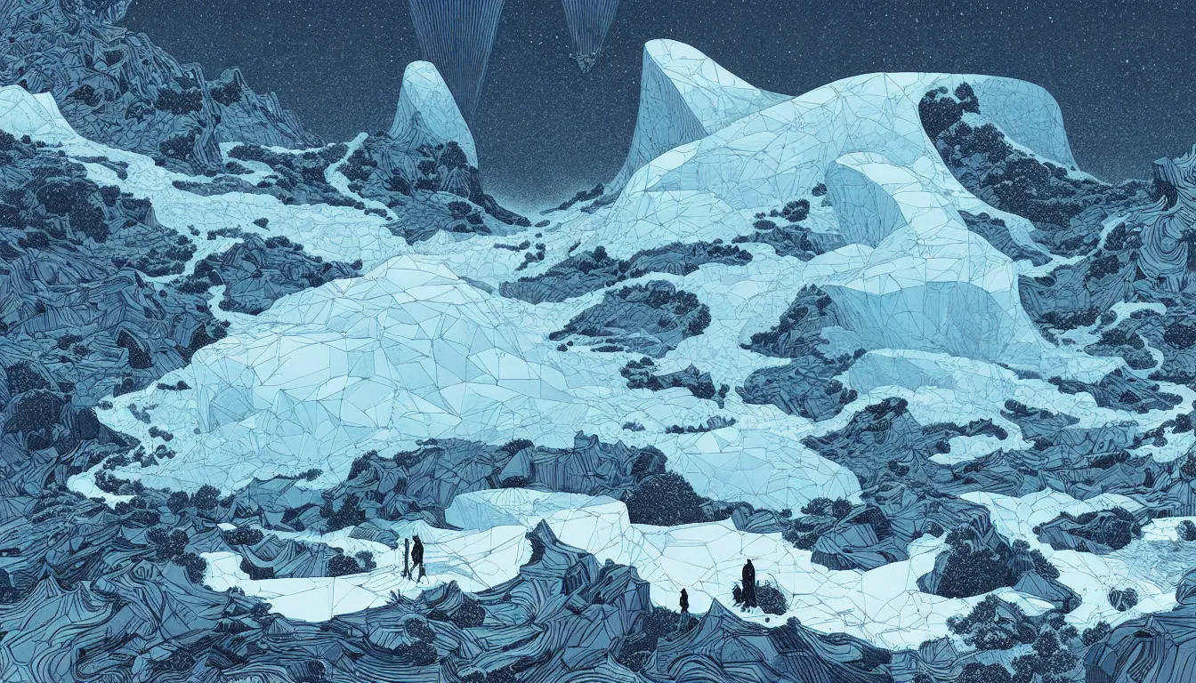 Image similar to glacier by nicolas delort, moebius, victo ngai, josan gonzalez, kilian eng