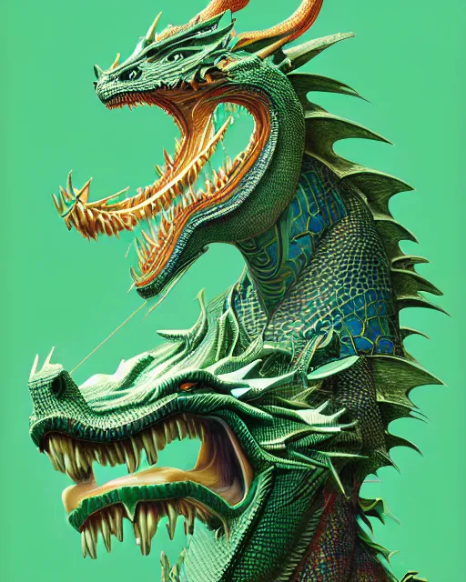 Image similar to anthropomorphic art of a businessman dragon, green dragon, portrait, 1 9 8 0 s business fashion, victo ngai, ryohei hase, artstation. fractal papers, newspaper. stock certificate, highly detailed digital painting, smooth, global illumination, fantasy art, jc leyendecker