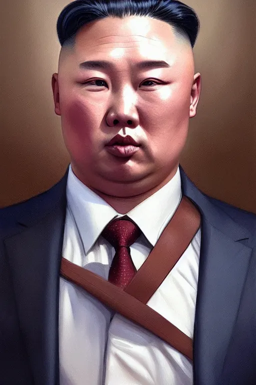 Prompt: putin with the iconic kim jong un hairstyle, realistic portrait, symmetrical, highly detailed, digital painting, artstation, concept art, smooth, sharp focus, illustration, cinematic lighting, art by artgerm and greg rutkowski and alphonse mucha