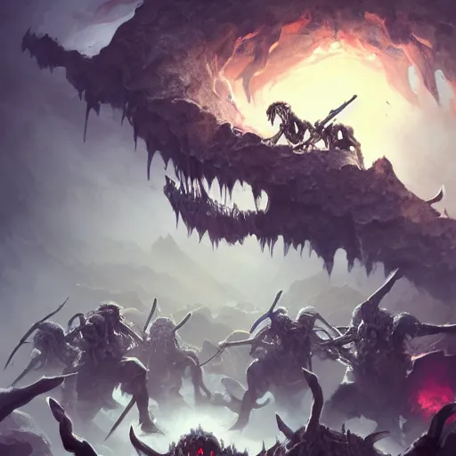 Image similar to a horde of skeleton warriors running towards a deep giant sinkhole, dynamic, action pose, digital painting, WLOP, trending on artstation, 8k, epic composition, highly detailed, sharp focus