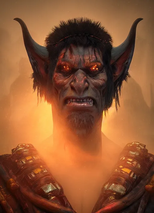 Image similar to A fantasy comic book style portrait painting of a shaman orc in a atmospheric dark fortress, unreal 5, DAZ, hyperrealistic, octane render, RPG portrait, ambient light, dynamic lighting