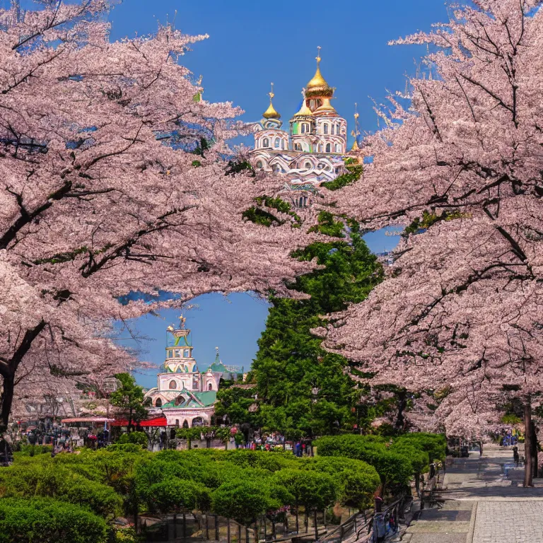 Image similar to photo of japanese sakura garden in the center of moscow with christian temple and kremlin on the background, sony a 7 r