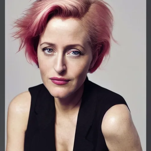 Prompt: photo of a gorgeous 20-year-old Gillian Anderson pink pixie cut hair by Mario Testino, detailed, full body shot, award winning, Sony a7R