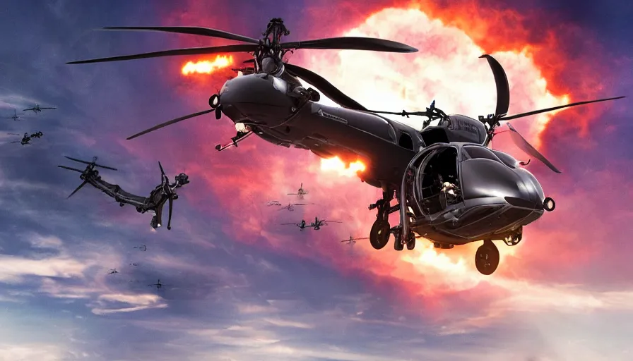 Image similar to Big budget movie about a cyborg demon helicopter