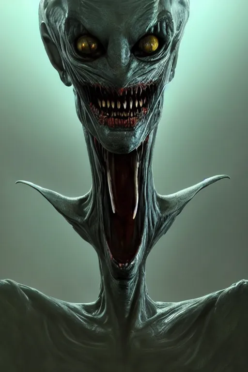 Prompt: Portrait of a Scary Alien with an evil grin, wide angle, super highly detailed, professional digital painting, artstation, concept art, smooth, sharp focus, no blur, no dof, extreme illustration, Unreal Engine 5, Photorealism, HD quality, 8k resolution, cinema 4d, 3D, beautiful, cinematic, art by artgerm and greg rutkowski and alphonse mucha and loish and WLOP