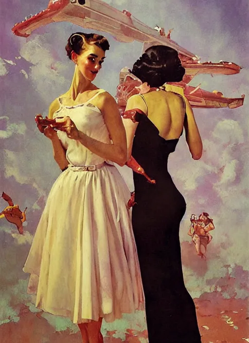 Image similar to 5 0 s pulp scifi fantasy illustration upper body and head portrait of elegant woman in summer dress, by norman rockwell, roberto ferri, daniel gerhartz, edd cartier, jack kirby, howard v brown, ruan jia, tom lovell, frank r paul, jacob collins, dean cornwell, astounding stories, amazing, fantasy, other worlds