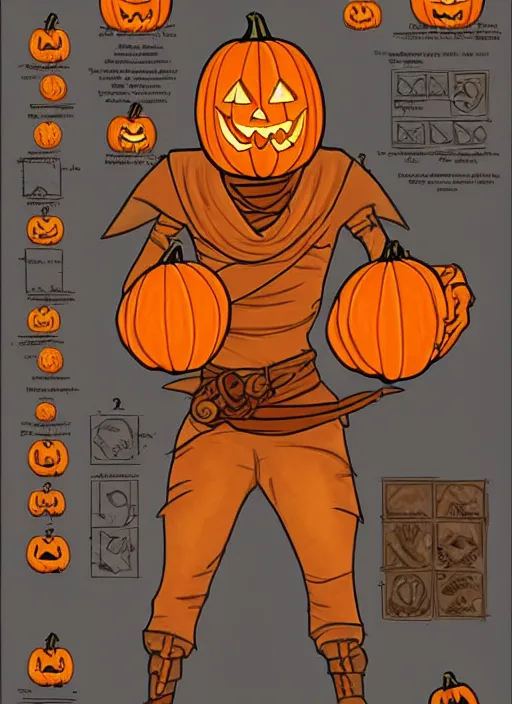 Image similar to jack o lantern cleric, D&D,character concetp art, character sheet