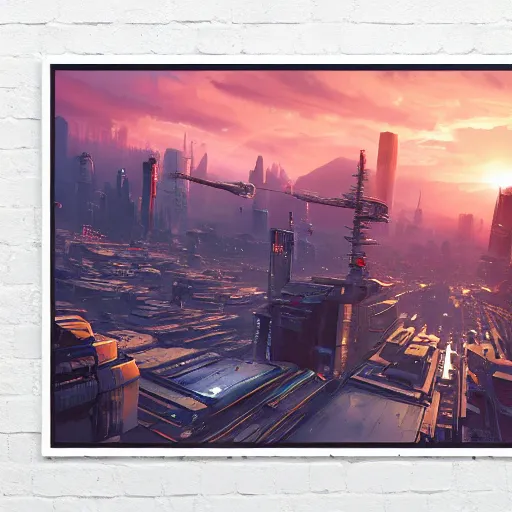 Image similar to beautiful sunset over detailed cyberpunk city in a valley surrounded by epic mountains with snowtops, sharp, highly detailed, hyperrealistic, kacper niepokolczycki, syd mead, 4 k, perfect geometry