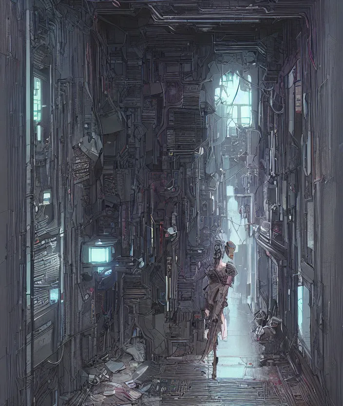 Image similar to a door at the end of a long dark staircase and corridor by beeple and kim jung gi, cyberpunk, trending on artstation