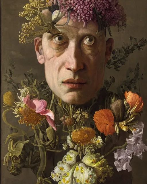 Prompt: oil painting portrait of a man with a strange disturbing face made of flowers and insects by otto marseus van schriek rachel ruysch dutch golden age