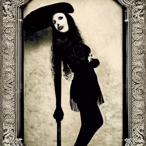 Image similar to young woman, angelica morticia addams, long black hair, short, flapper, vintage, creepy, beautiful, macabre