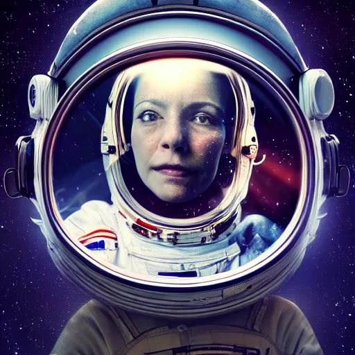 Image similar to portrait an astronaut looking into a mirror made of the Cosmos , subject in the center of the frame, wide angle shot, diffuse lighting, fantasy, intricate, elegant, highly detailed, lifelike, photorealistic, digital painting, illustration, concept art, smooth, sharp focus