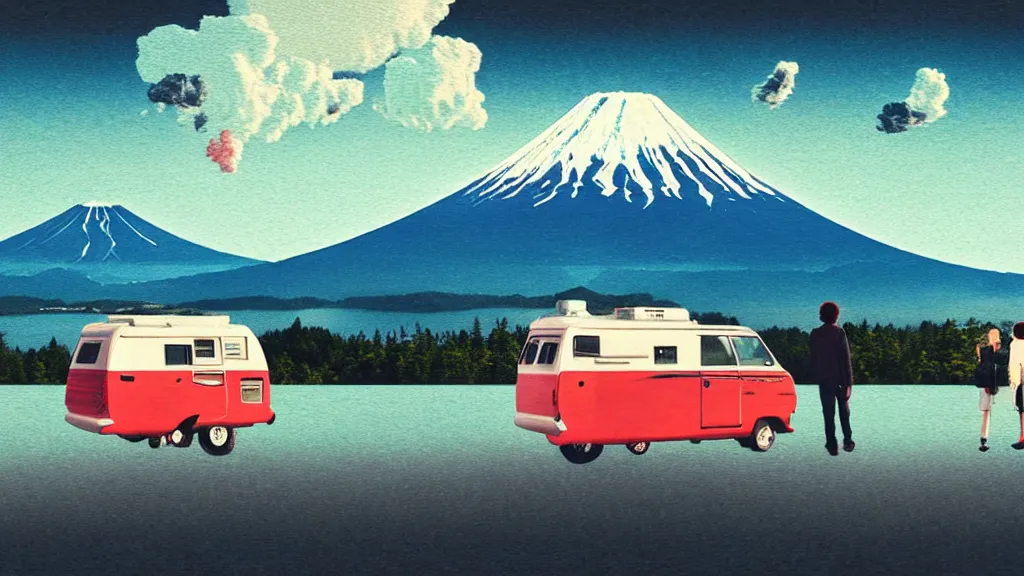 Image similar to a scene of two travellers and their camper touring overlook at the edge of yamanaka lake, reflecting mount fuji and a dramatic sky, japan, a collage painting, in the style of wes anderson, lola dupre, david hockney, isolated on negative white space background dark monochrome neon spraypaint accents volumetric octane render