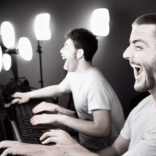 Image similar to several guys typing on keyboard while laughing very hard, mouth wide open, studio light, photorealsitic