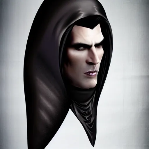 Image similar to a vampire, male, late - 4 0 s aged, long, slicked black hair, clean shaven, wearing a cape, regal, royal, grim facial expression, high fantasy, full color digital art, cinematic shot, full body shot.