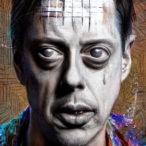 Image similar to hyperrealistic mixed media high resolution painting of Steve Buscemi Hellraiser, stunning 3d render inspired art by Jamie Salmon and Greg Rutkowski, perfect facial symmetry, dim volumetric lighting, 8k octane beautifully detailed render, full body shot, post-processing, extremely hyper-detailed, intricate, epic composition, highly detailed attributes, highly detailed atmosphere, cinematic lighting, masterpiece, trending on artstation, very very detailed, masterpiece, stunning, flawless completion, lifelike texture, perfection,