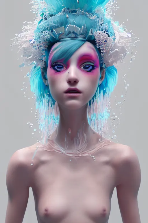 Image similar to an epic non - binary model, subject made of white melting porcelain, mesh headdress, with cerulean and pastel pink bubbles bursting out, delicate, beautiful, intricate, melting into eevee, houdini sidefx, by jeremy mann and ilya kuvshinov, jamie hewlett and ayami kojima, trending on artstation, bold 3 d