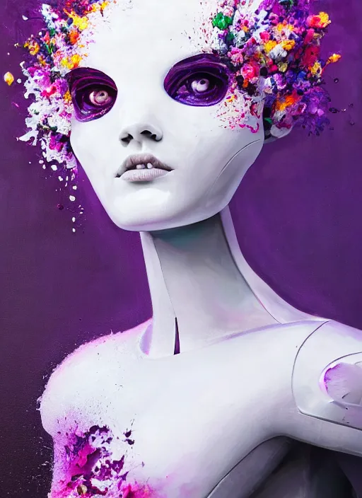 Prompt: a painting by artgerm of a 3 d white robot head with flowers growing out, highly detailed, color bleeding, pixel sorting, plain purple background, studio lighting, high contrast, bold composition, abstract paint color splotches