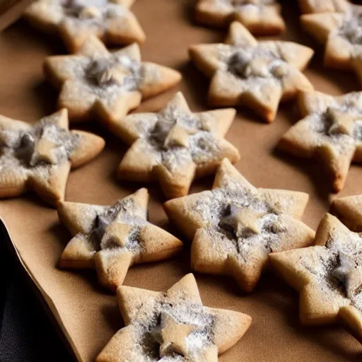 Prompt: close view of a star shaped cookie, warm dim light