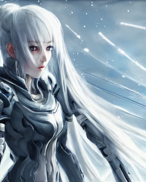 Image similar to perfect white haired girl, warframe armor, beautiful, dreamy, half asian, pretty face, blue eyes, detailed, windy weather, scifi, utopian architecture, laboratory, 4 k, ultra realistic, epic lighting, cinematic, high detail, masterpiece, art by akihito tsukushi, akasuki voidstar