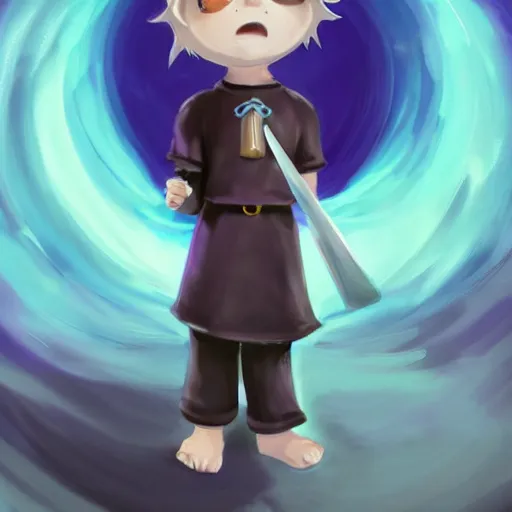 Image similar to little boy wearing nun outfit, blonde hair, light blue eyes. purple and black color palate, detailed soft painting, made in abyss art style, anatomically correct