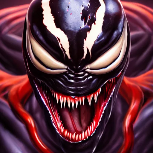 Image similar to venom, perfect eyes, full body shot, portrait, vivid colors, elegant, concept art, sharp focus, digital art, Hyper-realistic, 4K, Unreal Engine, Highly Detailed, HD, Dramatic Lighting by Brom, trending on Artstation