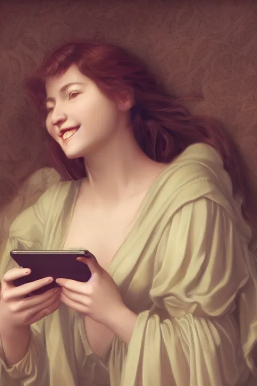 Image similar to a portrait of a beautiful young lady smiling at a text she just received on her smartphone, in style of Evelyn De Morgan, beautiful high detail, cinematic, 8k resolution, trending on artstation trending, octane render, unreal engine