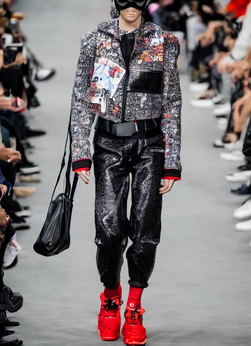 Image similar to hyperrealistic and heavy detailed balenciaga runway show of deadpool, leica sl 2 5 0 mm, vivid color, high quality, high textured, real life