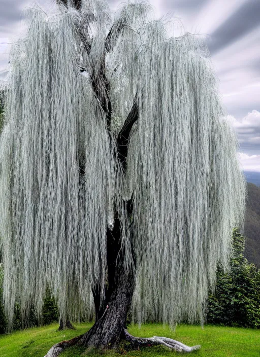 Image similar to nature photograph of a weeping willow with black bark and silver leaves sitting on a cliff in the distance in the style of stefan kostic, realistic, half body shot, sharp focus, 8 k high definition, insanely detailed, intricate, elegant, art by stanley lau and artgerm, luis royo, cloudy background