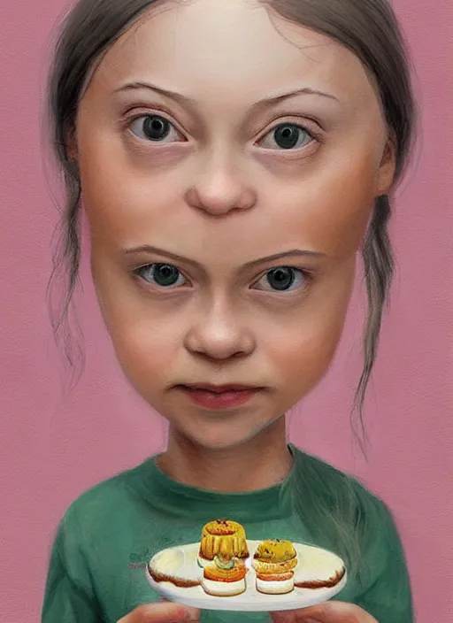 Image similar to greta thunberg eating cakes painted by nicoletta ceccoli, detailed digital art, trending on Artstation