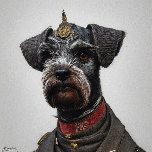 Image similar to portrait of stoic looking miniature schnauzer, military uniform, black fir, white eyebrows, fantasy, intricate, elegant, highly detailed, centered, dark, smokey, charcoal painting, digital painting, artstation, concept art, smooth, sharp focus, illustration, art by artgerm and greg rutkowski and alphonse mucha