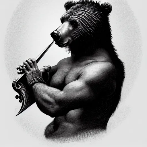 Image similar to renaissance upper body portrait of a realistic bear playing lute, lean and toned, handsome face, hairy chest, D&D, intricate, elegant, highly detailed, digital painting, artstation, concept art, matte, sharp focus, illustration, art by da Vinci, Artgerm and Greg Rutkowski and Alphonse Mucha