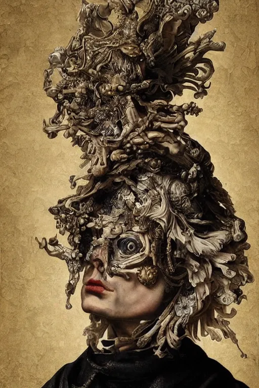 Image similar to Detailed maximalist portrait a Greek god with large lips and with large white eyes, angry face, fleshy skeletal body, HD mixed media 3d collage, highly detailed and intricate, surreal illustration in the style of Caravaggio, dark art, baroque