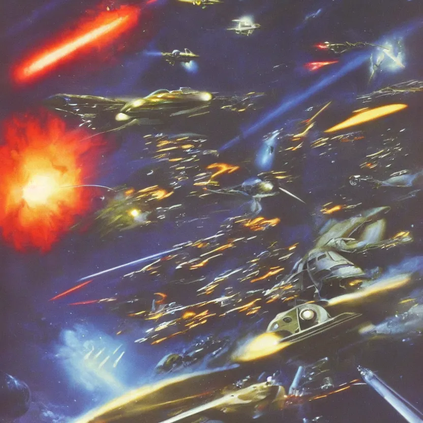Prompt: alien spaceship battle. close - up. action shot. starship battle. explosions, lasers, torpedos. 7 0's sci - fi art.