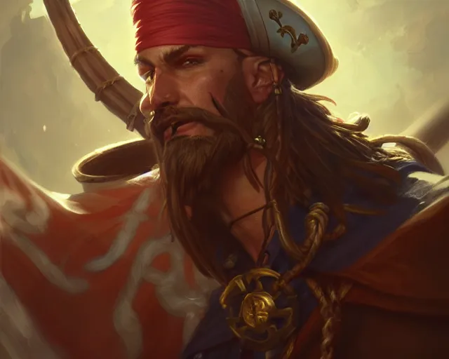 Image similar to captain pirate man high detail, deep focus, d & d, fantasy, intricate, elegant, highly detailed, digital painting, artstation, concept art, matte, sharp focus, illustration, hearthstone, art by artgerm and greg rutkowski and alphonse mucha