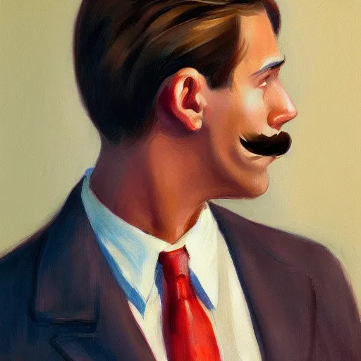 Prompt: a brown haired man with a short mustache staring deeply at camera, detailed, edward hopper, trending on artstation,